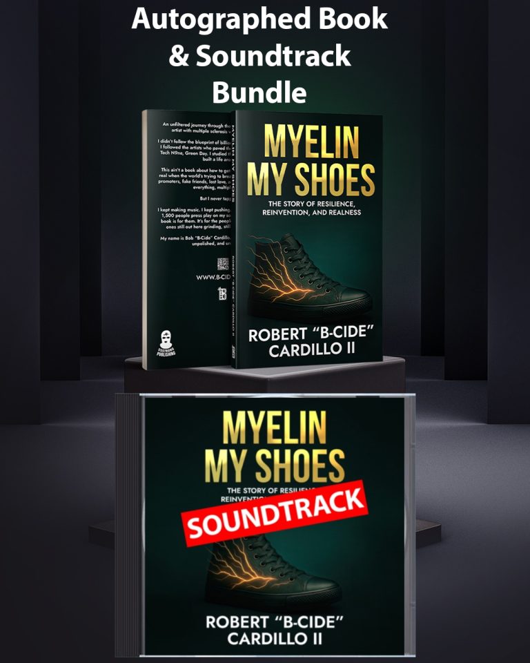 3D rendering of the Myelin My Shoes book alongside the soundtrack CD in a jewel case.